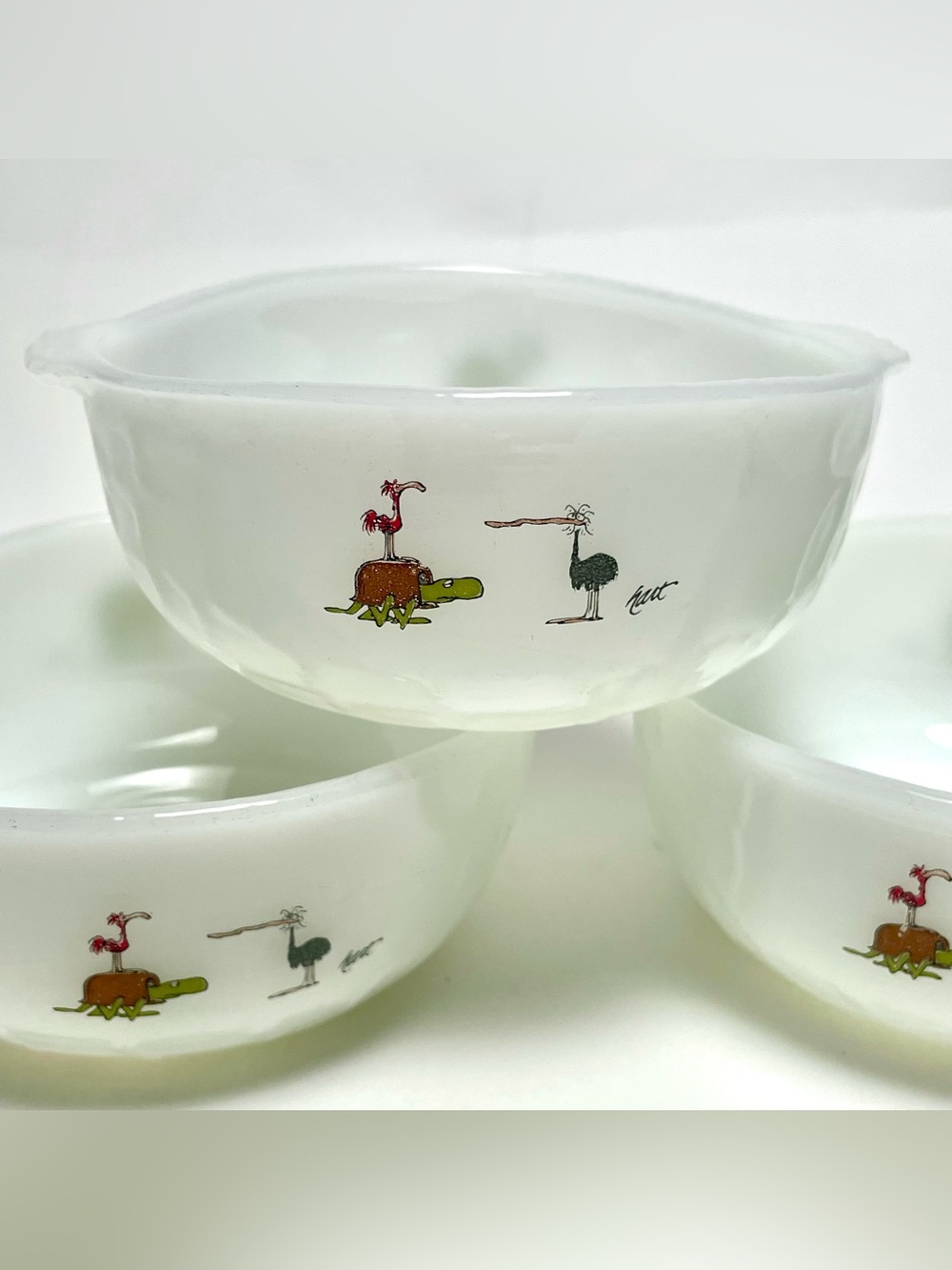 Vintage Fire King BC Comics Milk Glass Bowls Set 5 Johnny Hart Dinosaur Marathon